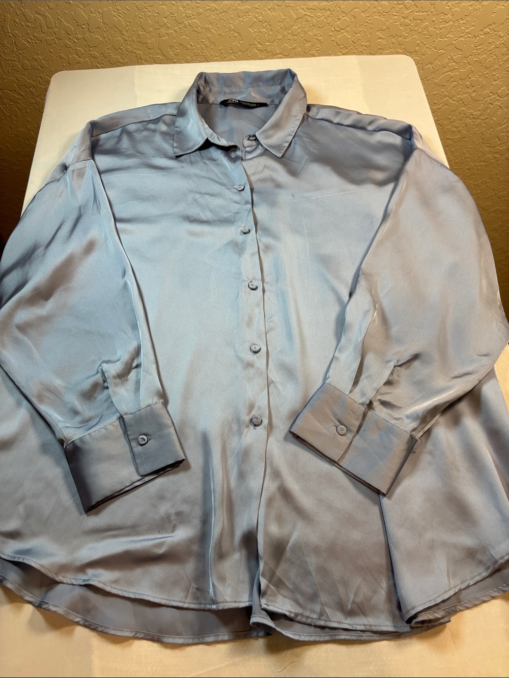 Zara Light Blue Satin Long Sleeve Button-Up Size XL